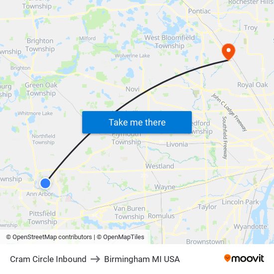 Cram Circle Inbound to Birmingham MI USA map