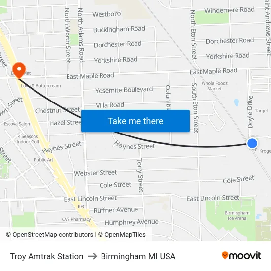 Troy Amtrak Station to Birmingham MI USA map
