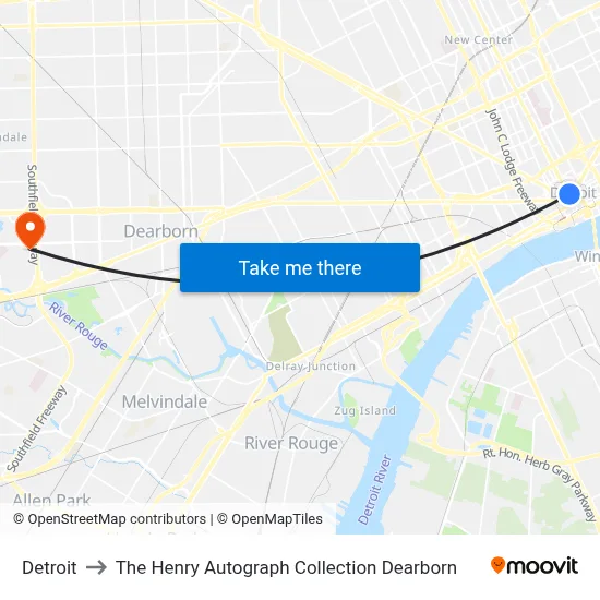 Detroit to The Henry Autograph Collection Dearborn map