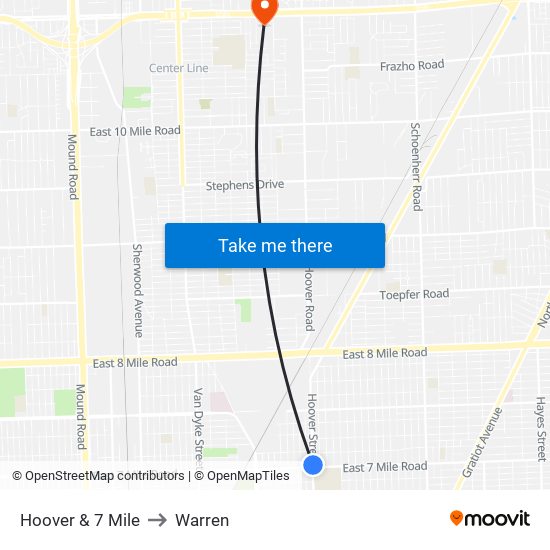 Hoover & 7 Mile to Warren map