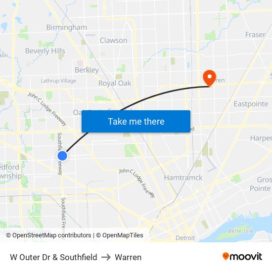 W Outer Dr & Southfield to Warren map