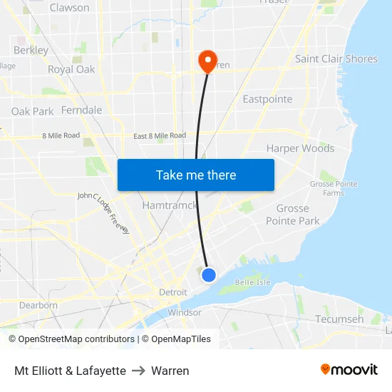 Mt Elliott & Lafayette to Warren map