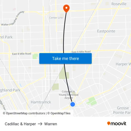 Cadillac & Harper to Warren map