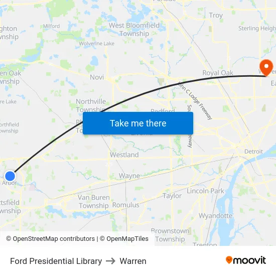 Ford Presidential Library to Warren map