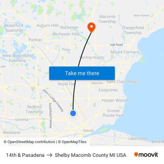 14th & Pasadena to Shelby Macomb County MI USA map