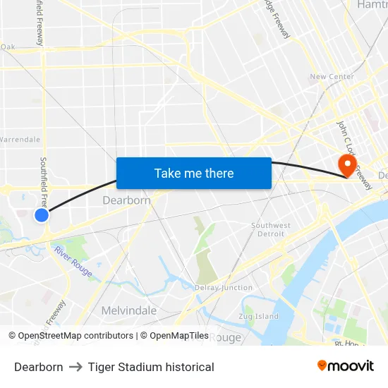 Dearborn to Tiger Stadium historical map