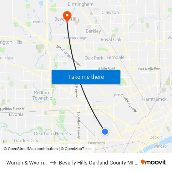 Warren & Wyoming to Beverly Hills Oakland County MI USA map