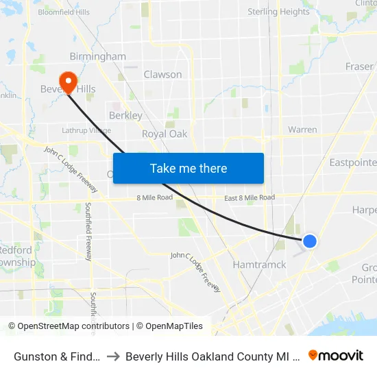 Gunston & Findlay to Beverly Hills Oakland County MI USA map