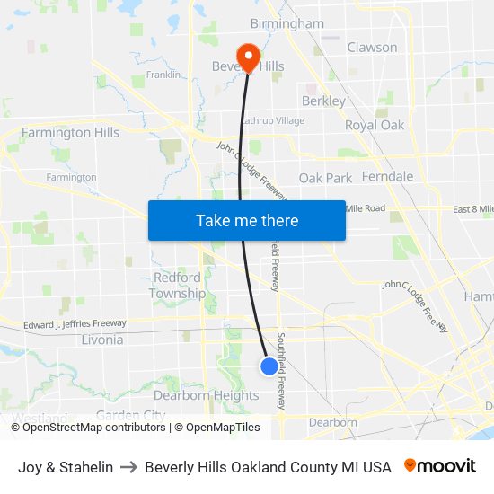 Joy & Stahelin to Beverly Hills Oakland County MI USA map