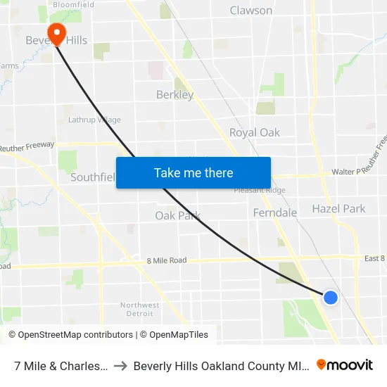 7 Mile & Charleston to Beverly Hills Oakland County MI USA map