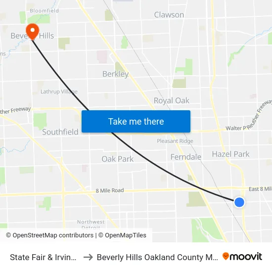 State Fair & Irvington to Beverly Hills Oakland County MI USA map
