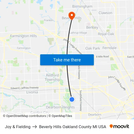 Joy & Fielding to Beverly Hills Oakland County MI USA map