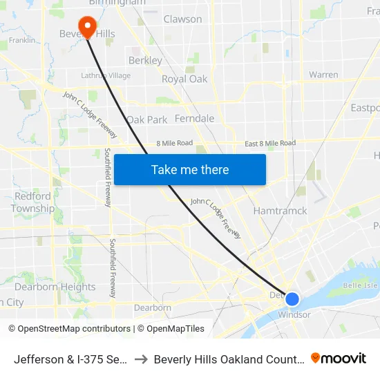 Jefferson & I-375 Service Dr to Beverly Hills Oakland County MI USA map
