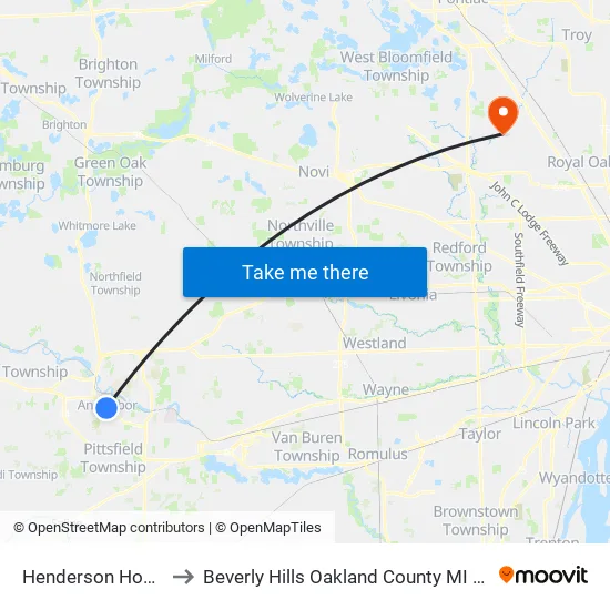 Henderson House to Beverly Hills Oakland County MI USA map