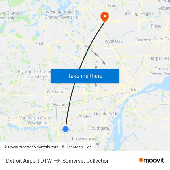Detroit Airport DTW to Somerset Collection map