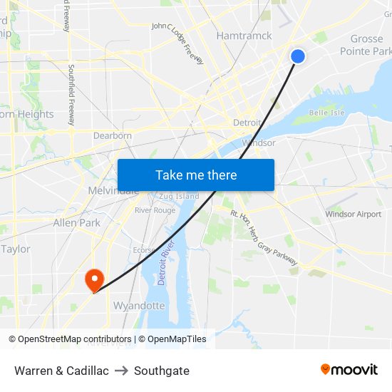 Warren & Cadillac to Southgate map