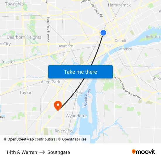 14th & Warren to Southgate map