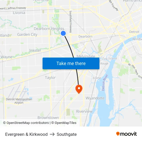 Evergreen & Kirkwood to Southgate map