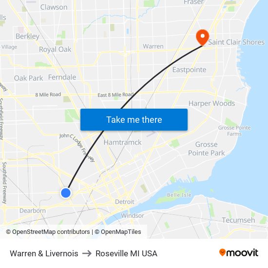 Warren & Livernois to Roseville MI USA map