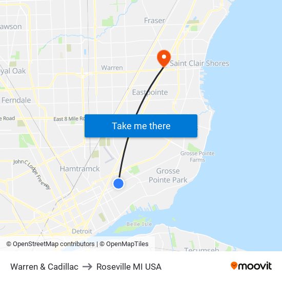 Warren & Cadillac to Roseville MI USA map