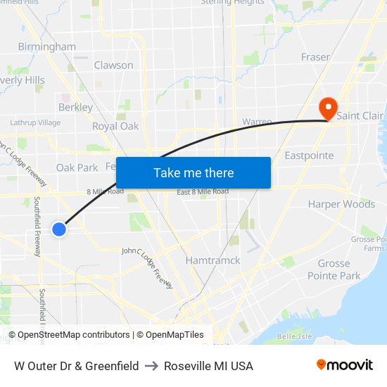 W Outer Dr & Greenfield to Roseville MI USA map