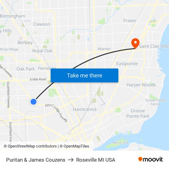 Puritan & James Couzens to Roseville MI USA map