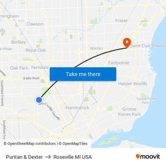 Puritan & Dexter to Roseville MI USA map