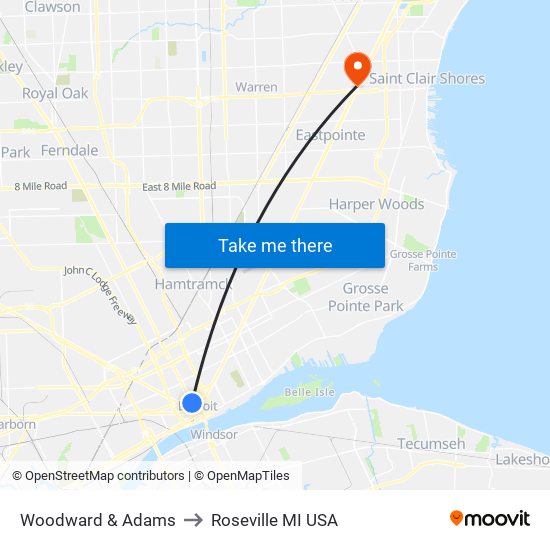 Woodward & Adams to Roseville MI USA map