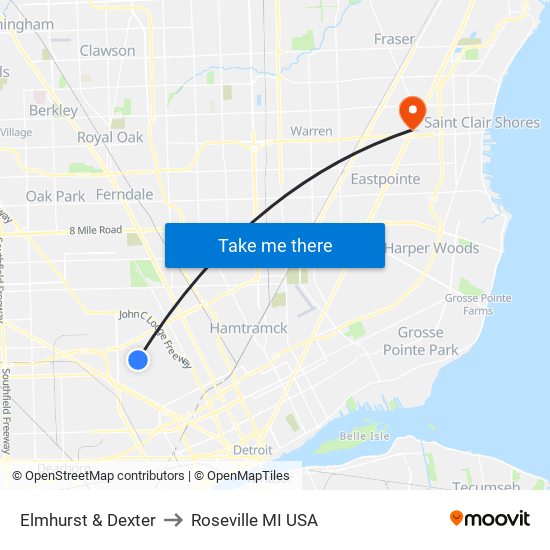 Elmhurst & Dexter to Roseville MI USA map