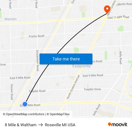 8 Mile & Waltham to Roseville MI USA map