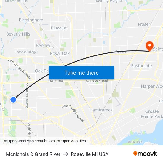 Mcnichols & Grand River to Roseville MI USA map