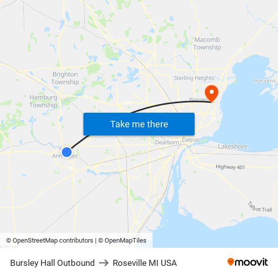 Bursley Hall Outbound to Roseville MI USA map