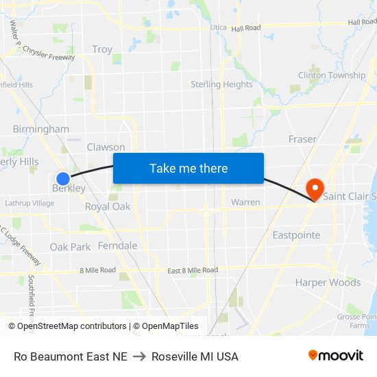 Ro Beaumont East NE to Roseville MI USA map