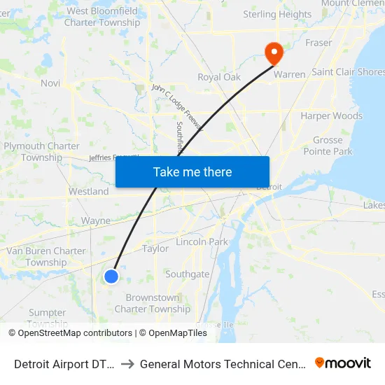 Detroit Airport DTW to General Motors Technical Center map