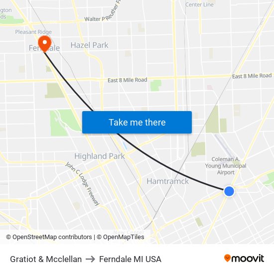 Gratiot & Mcclellan to Ferndale MI USA map