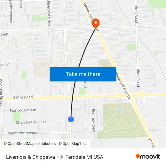 Livernois & Chippewa to Ferndale MI USA map