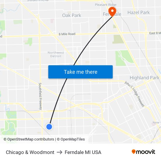 Chicago & Woodmont to Ferndale MI USA map