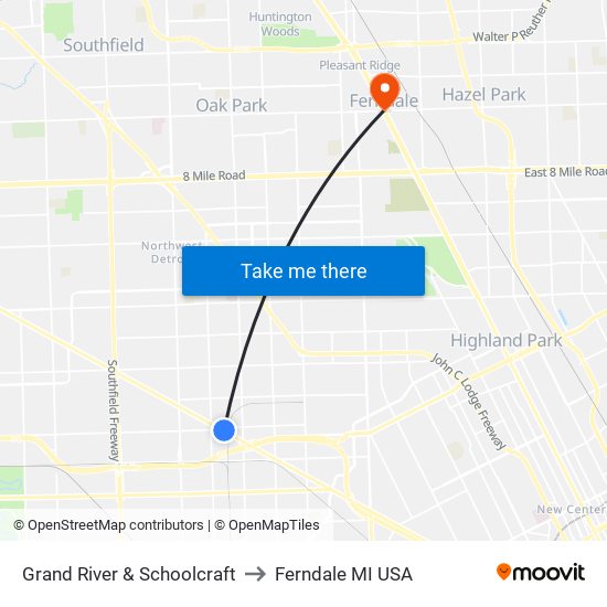 Grand River & Schoolcraft to Ferndale MI USA map