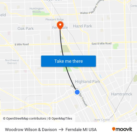 Woodrow Wilson & Davison to Ferndale MI USA map