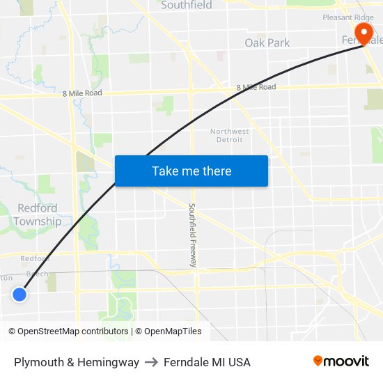 Plymouth & Hemingway to Ferndale MI USA map