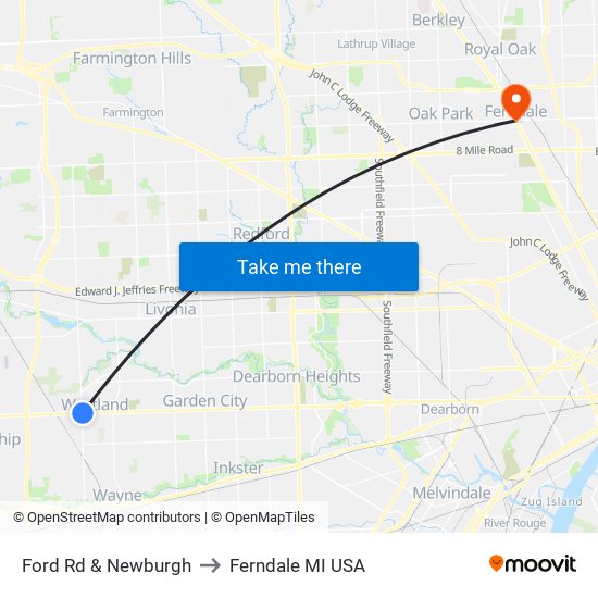 Ford Rd & Newburgh to Ferndale MI USA map