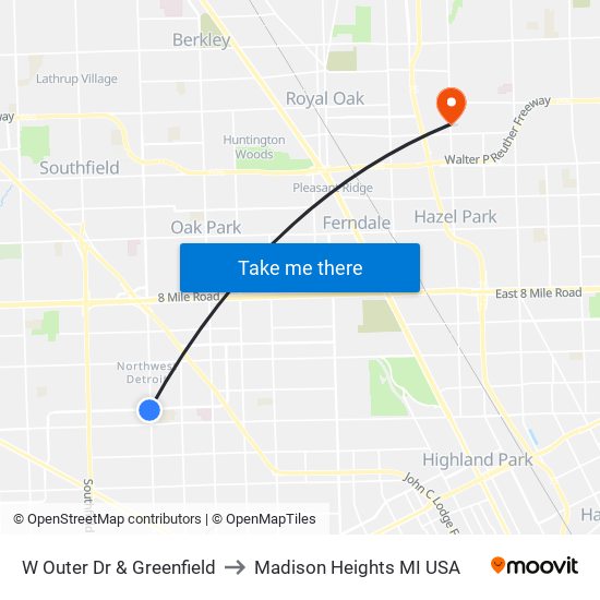 W Outer Dr & Greenfield to Madison Heights MI USA map