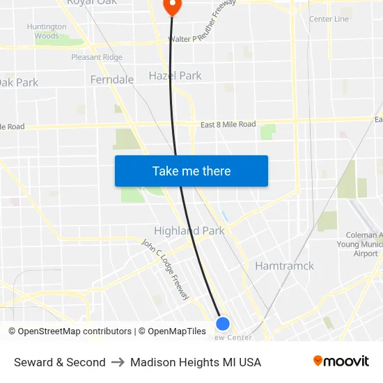 Seward & Second to Madison Heights MI USA map