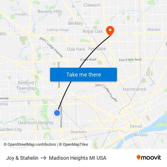 Joy & Stahelin to Madison Heights MI USA map