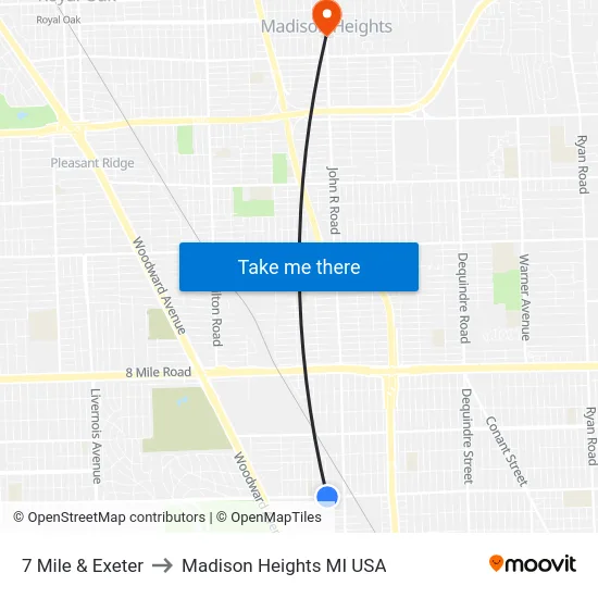 7 Mile & Exeter to Madison Heights MI USA map