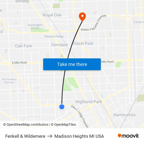 Fenkell & Wildemere to Madison Heights MI USA map