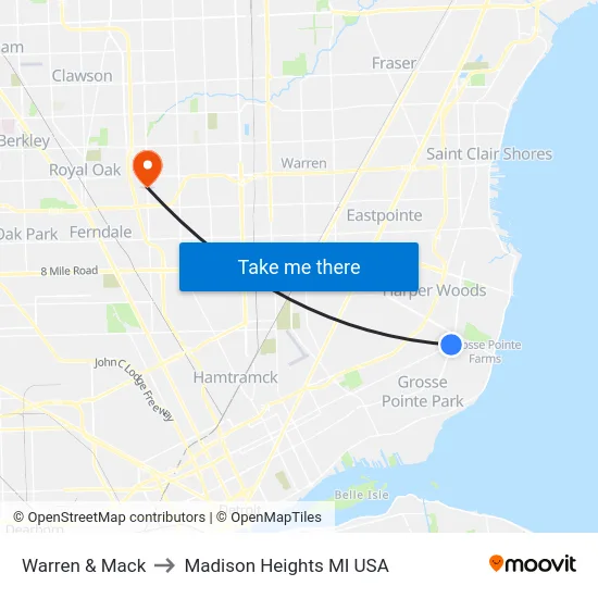 Warren & Mack to Madison Heights MI USA map