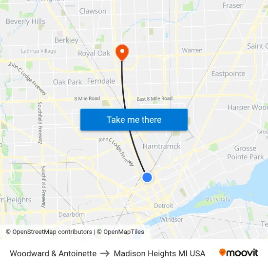 Woodward & Antoinette to Madison Heights MI USA map