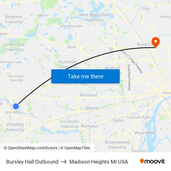 Bursley Hall Outbound to Madison Heights MI USA map