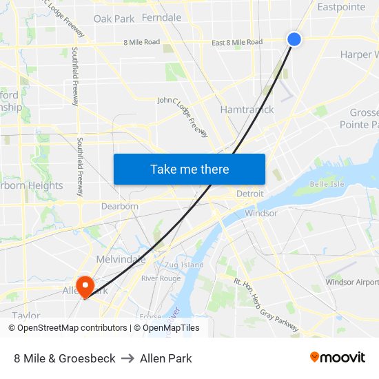 8 Mile & Groesbeck to Allen Park map